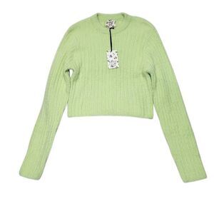 Hippie Rose Cropped Sweater Junior's Sz Large Yellow Lime Fuzzy Long Sleeve NEW